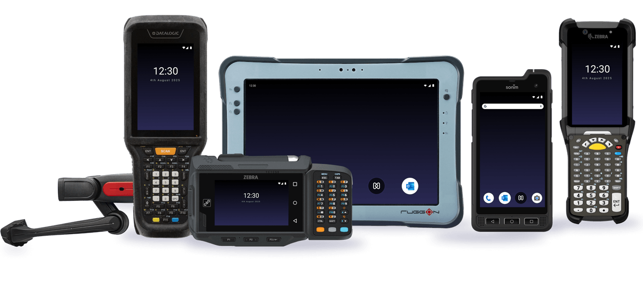 Collection of rugged devices, including handheld barcode scanners and rugged tablets, demonstrating support for diverse hardware platforms for rugged device management.