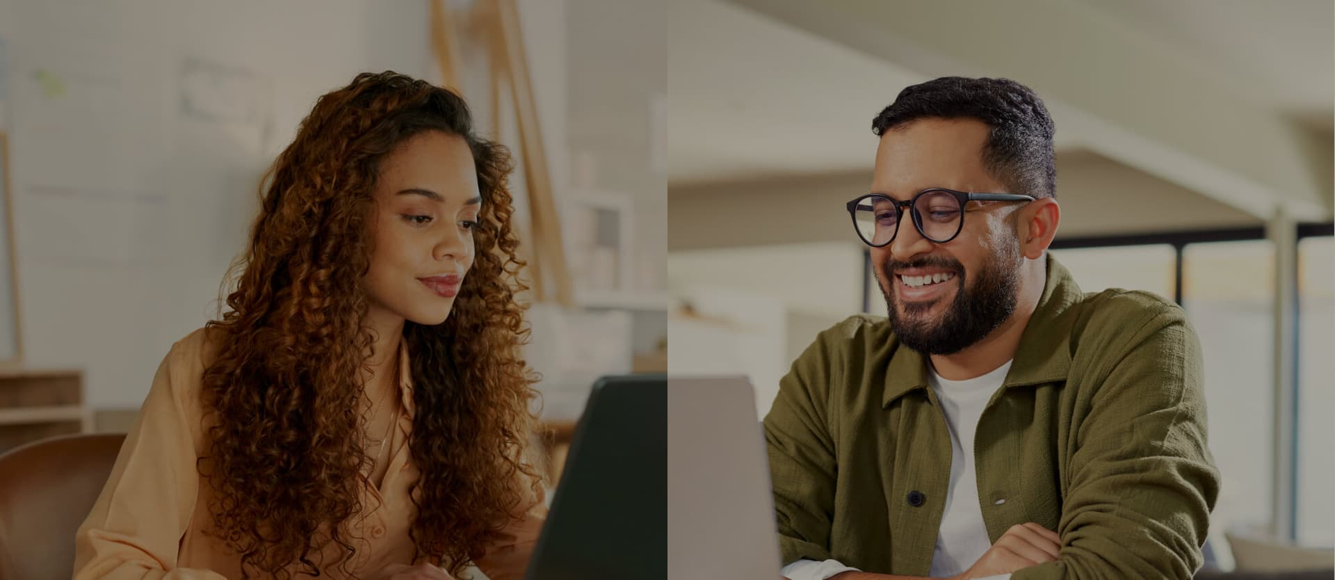 Split-screen image of a woman focused on her laptop on the left working remotely with a man on his laptop on the right.