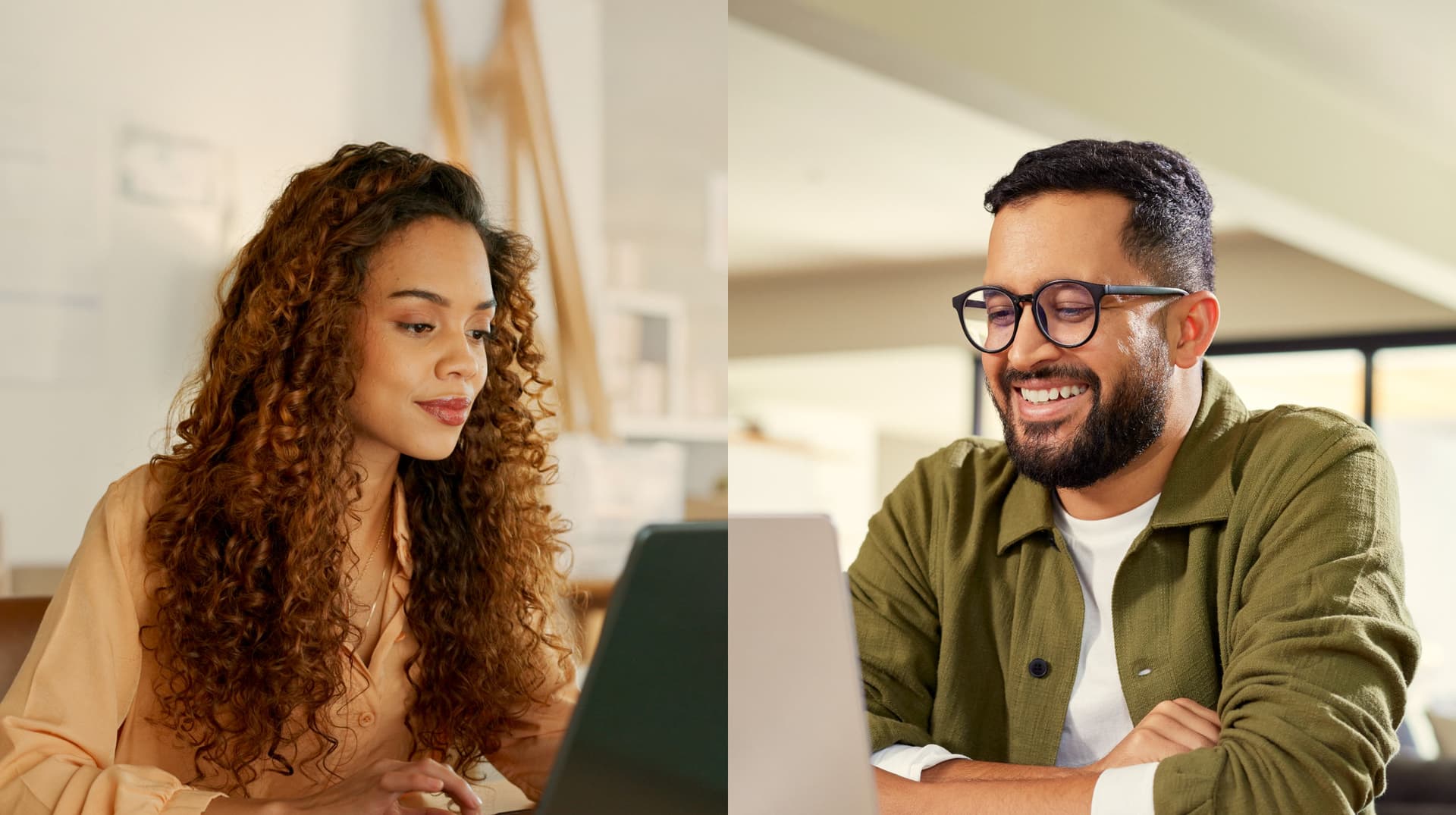 Split-screen image of a woman focused on her laptop on the left working remotely with a man on his laptop on the right.
