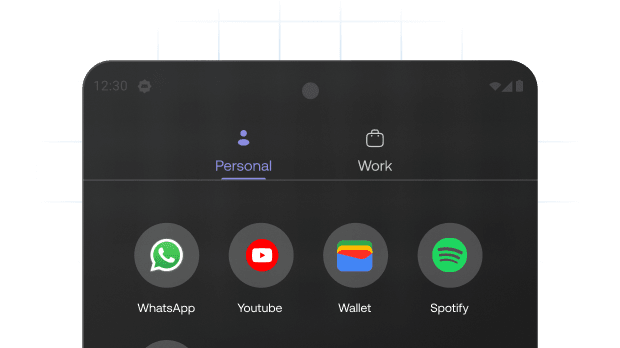 Screenshot of an Android device showing both Personal and Work tabs with personal apps (WhatsApp, YouTube) visible, illustrating WPCO/COPE management for personal use on corporate devices