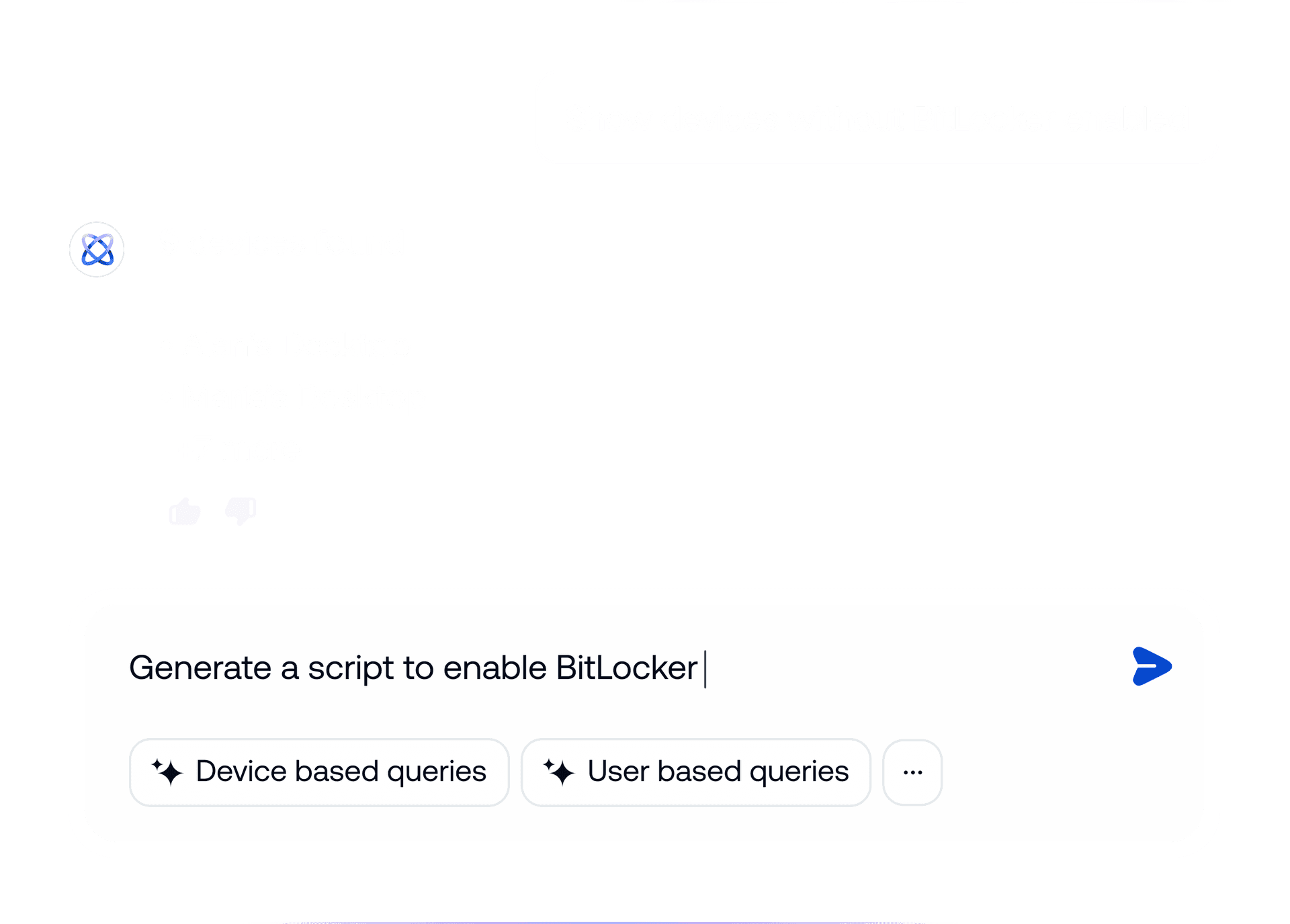 Interface showing Hexnode Genie using natural language prompts to identify devices without BitLocker enabled and generate a remediation script automatically. 
