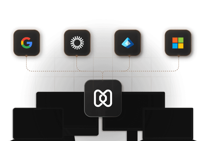 Hexnode icon connecting multiple platforms (Google, Microsoft, etc.) to various devices depicting integrations.