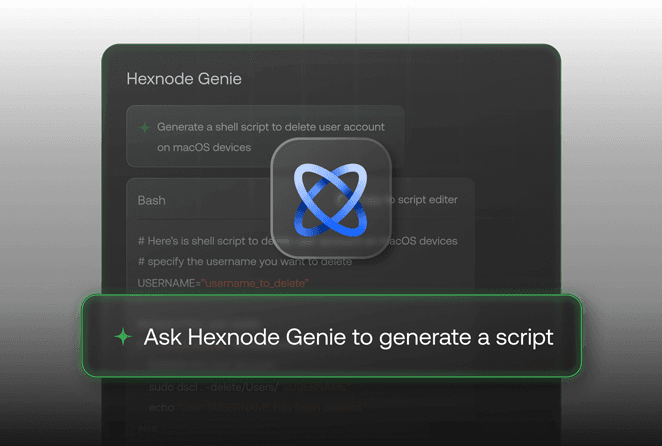 Hexnode Genie interface showing a generated shell script to delete a user account on macOS devices.