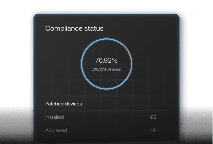 Compliance status dashboard showing 76.92% of devices patched and compliant.