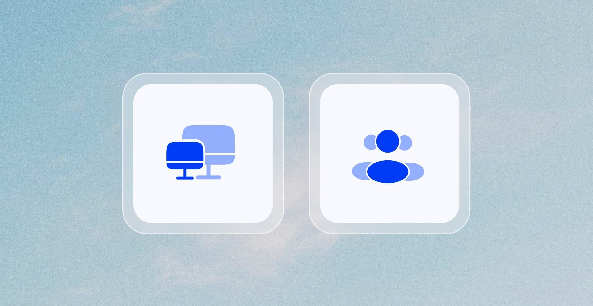 Two white cards showing blue icons: one with a monitor and laptop, and the other with a group of users, showcasing grouping.