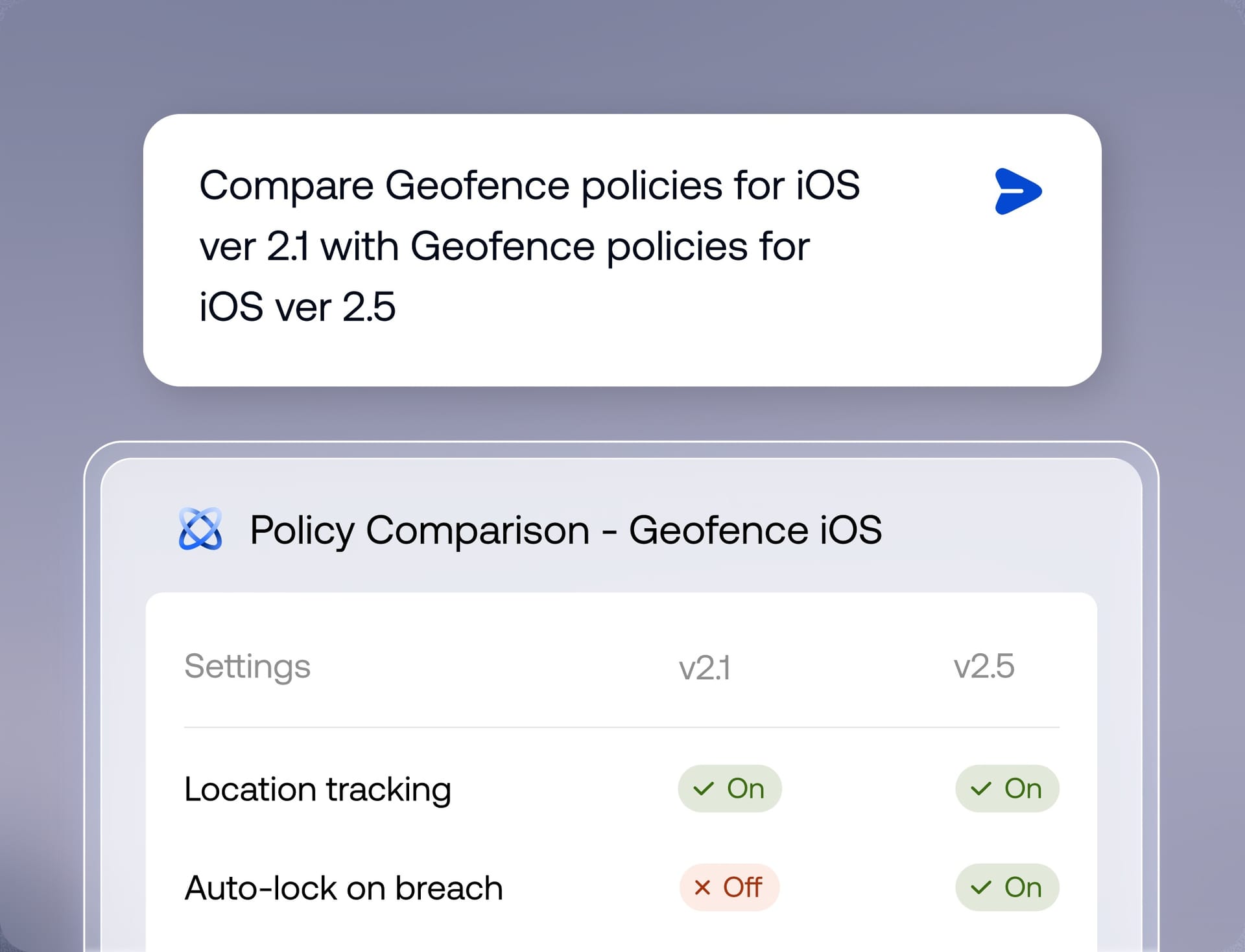 Genie AI comparing two versions of a Geofence iOS policy and highlighting configuration differences.