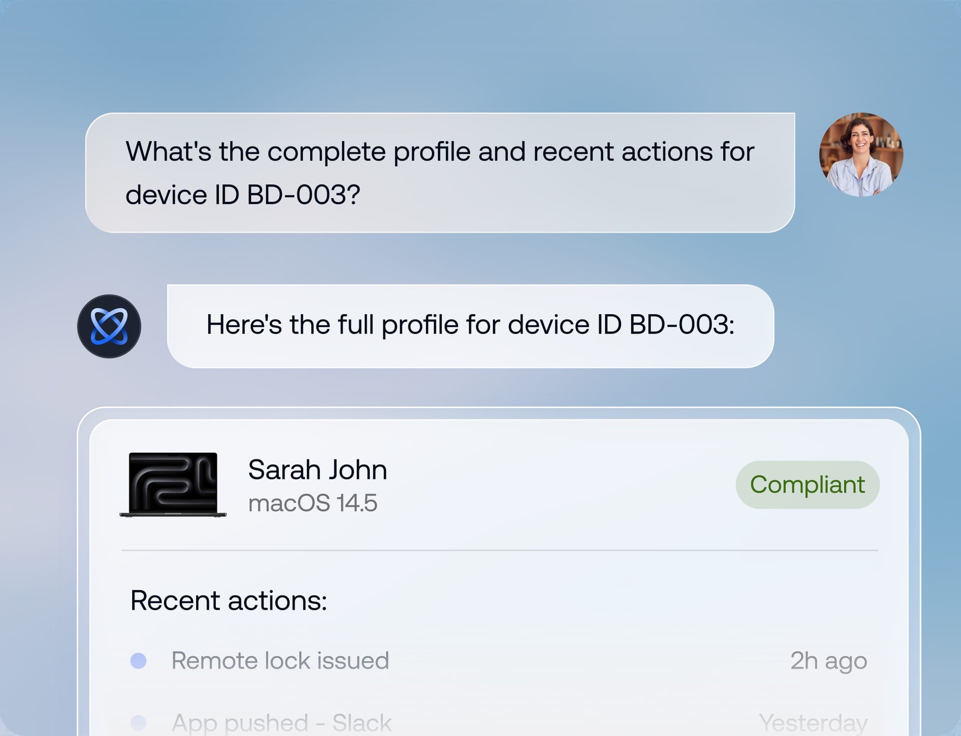 Genie AI retrieving a managed device profile with compliance status and recent device actions.