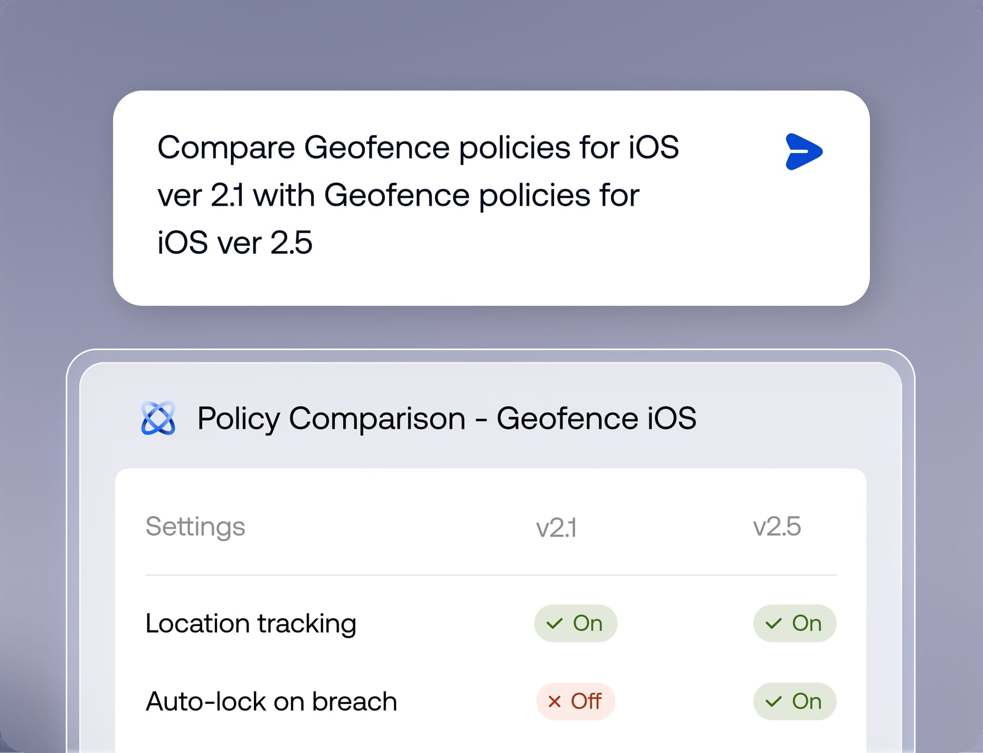 Genie AI comparing two versions of a Geofence iOS policy and highlighting configuration differences.