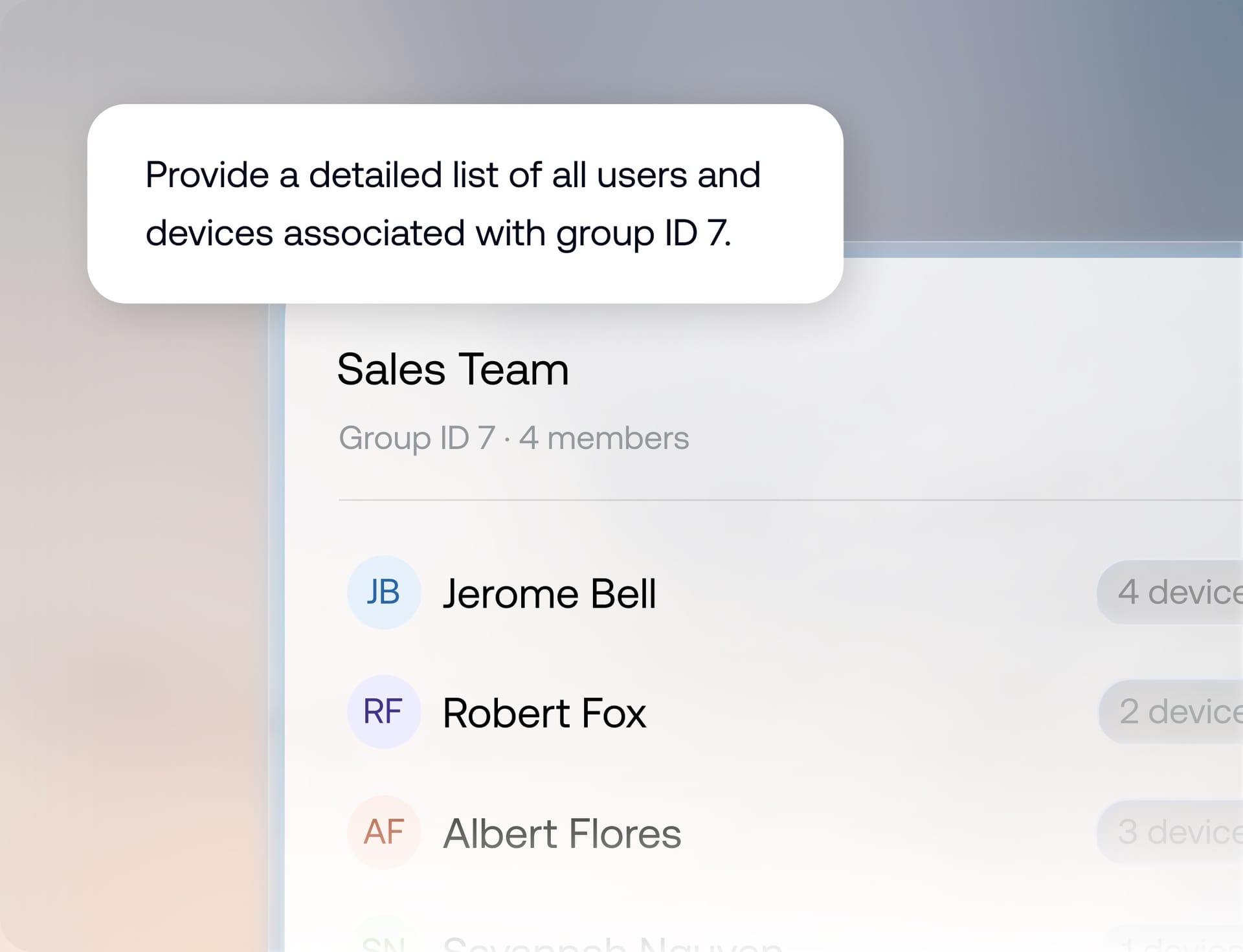 Genie AI displaying users and devices associated with a managed user group.