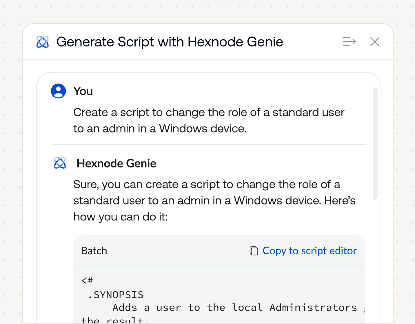 A video illustrating how you can generate custom scripts to run on your devices, by explaining what you need to Genie.
