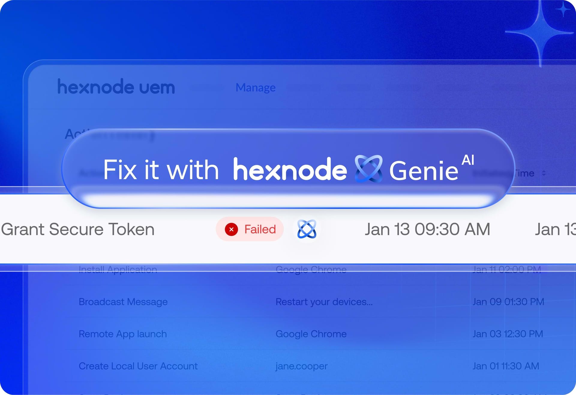An abstract illustration showing how Hexnode Genie AI helps identify the root cause of an error and enables faster remediation.
