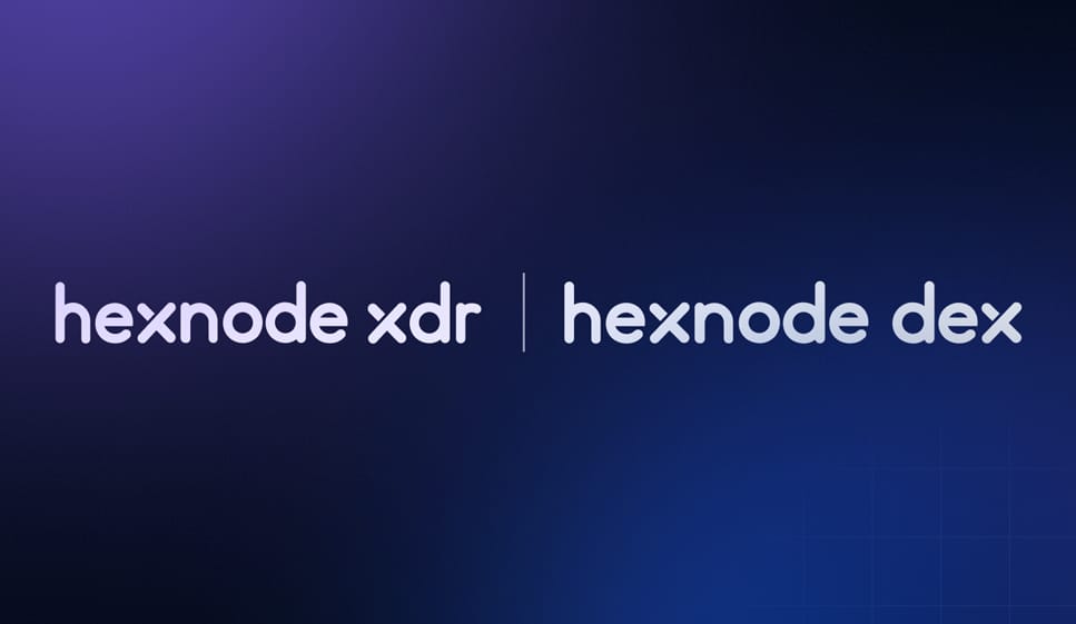 Hexnode XDR (Extended Detection and Response) and DEX (Digital Employee Experience) product logos, announcing new security solutions.