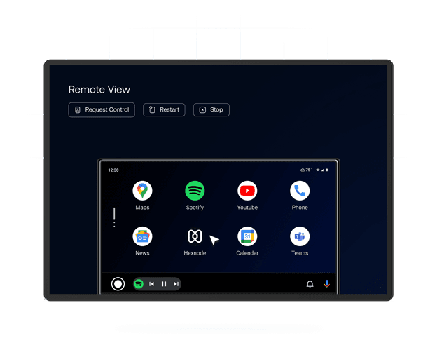A 'Remote View' interface showing controls and a live screen mirror of an Android device dashboard with Hexnode and other app icons