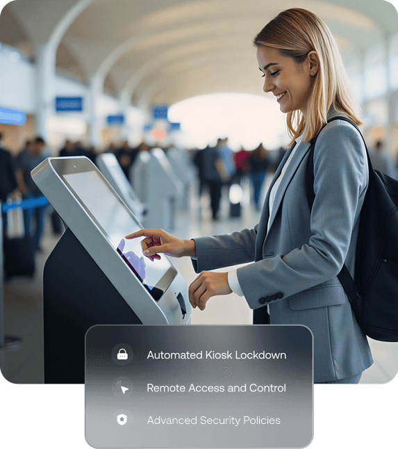 Image of a woman interacting with a self-service kiosk, representing Hexnode’s ability to create and manage kiosks from anywhere with automated lockdown and advanced security policies.