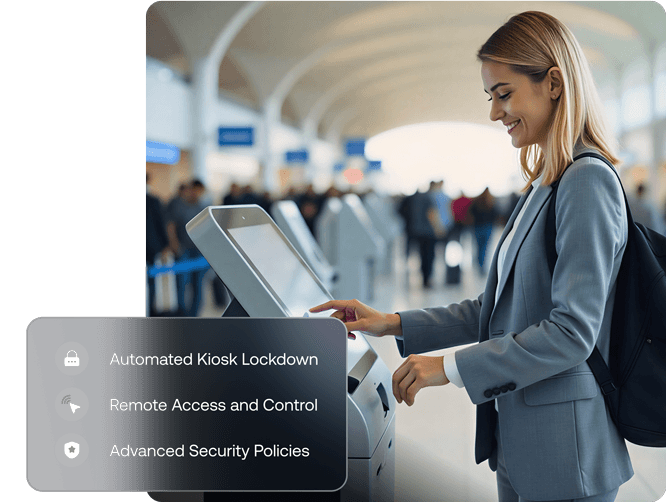 Image of a woman interacting with a self-service kiosk, representing Hexnode’s ability to create and manage kiosks from anywhere with automated lockdown and advanced security policies.