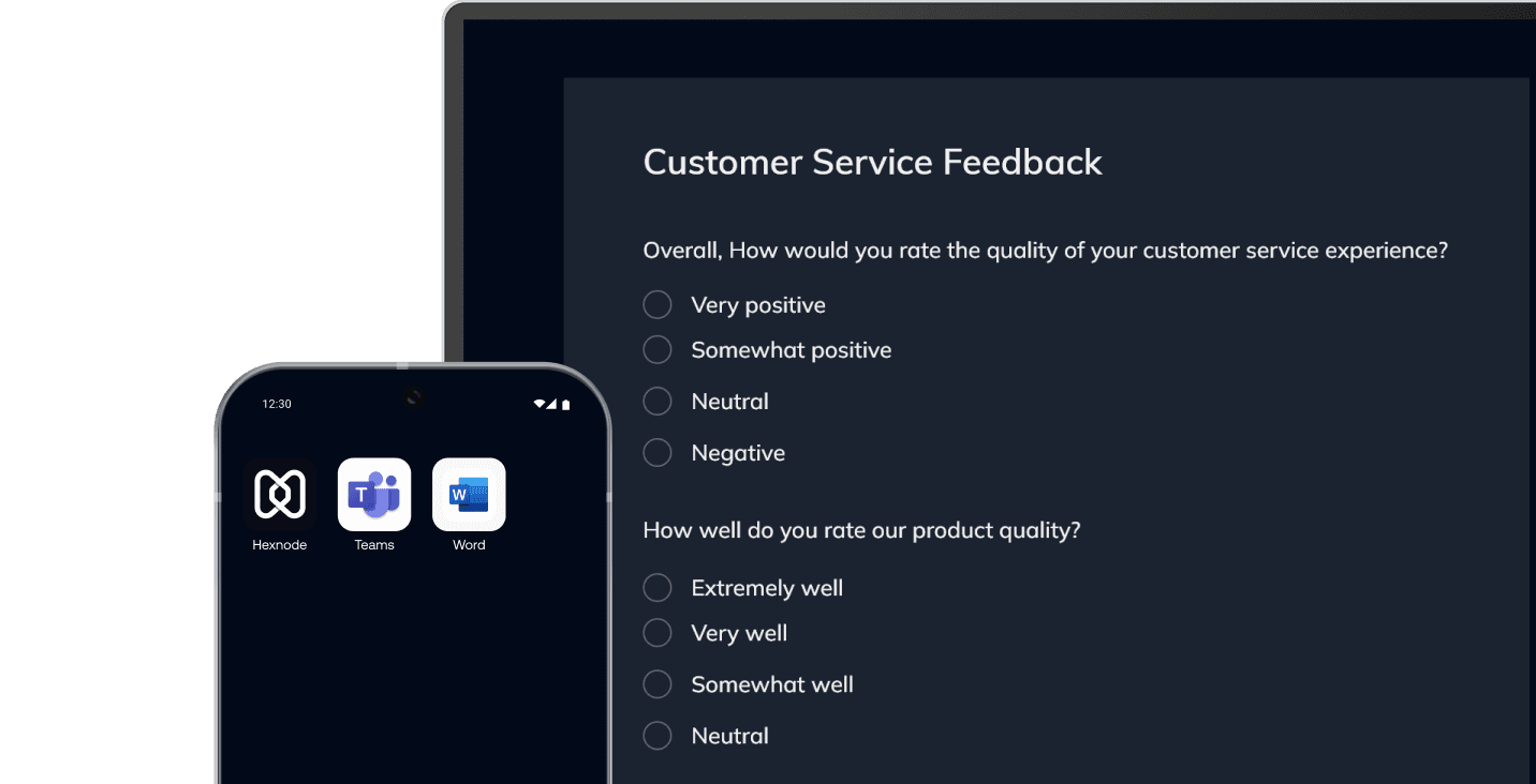 Image showing a tablet displaying a customer feedback form and a smartphone with enterprise apps, illustrating multiple kiosk lockdown options including single-app, multi-app, and web-based.