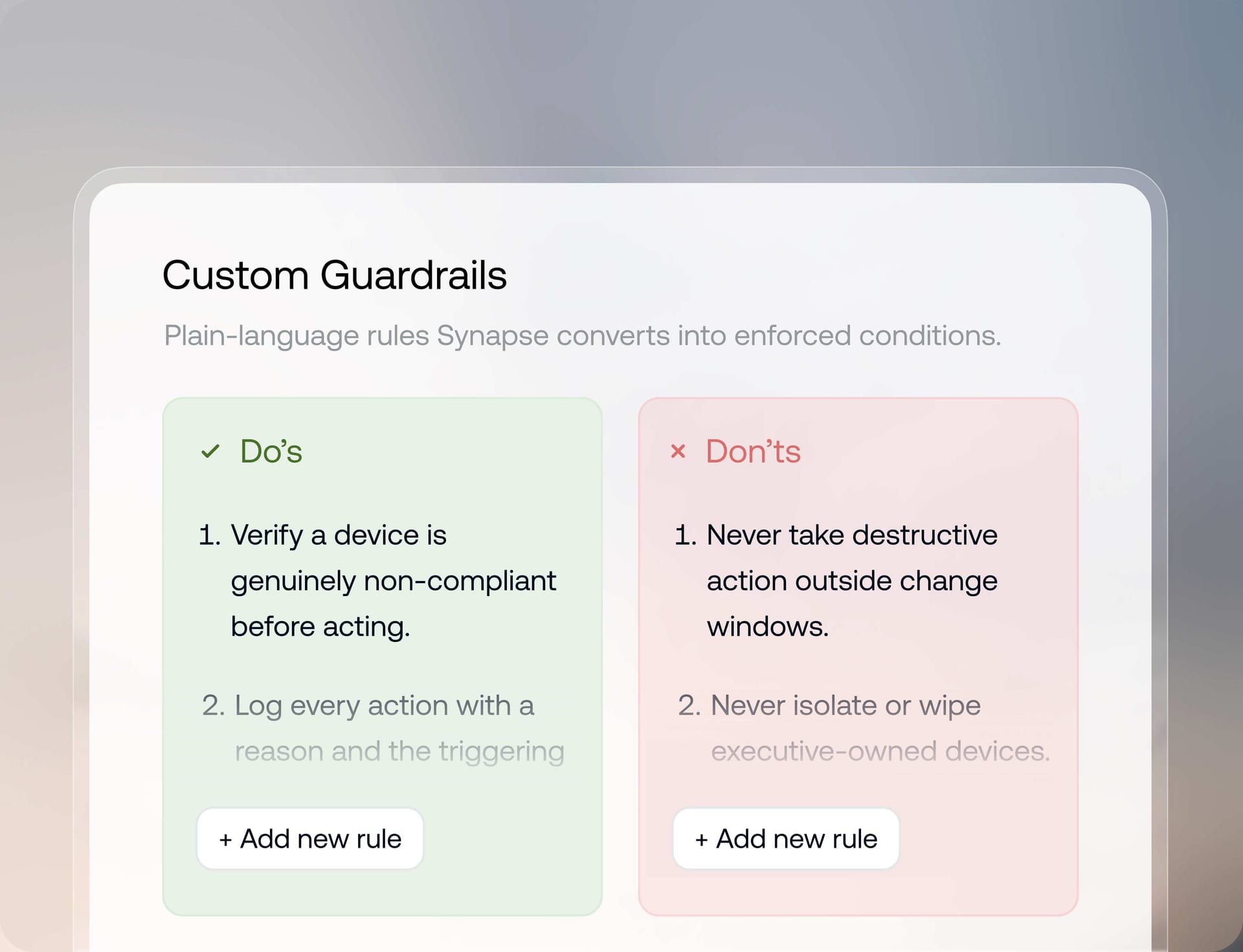 Hexnode Synapse safety controls defining approved and restricted actions for AI agents.