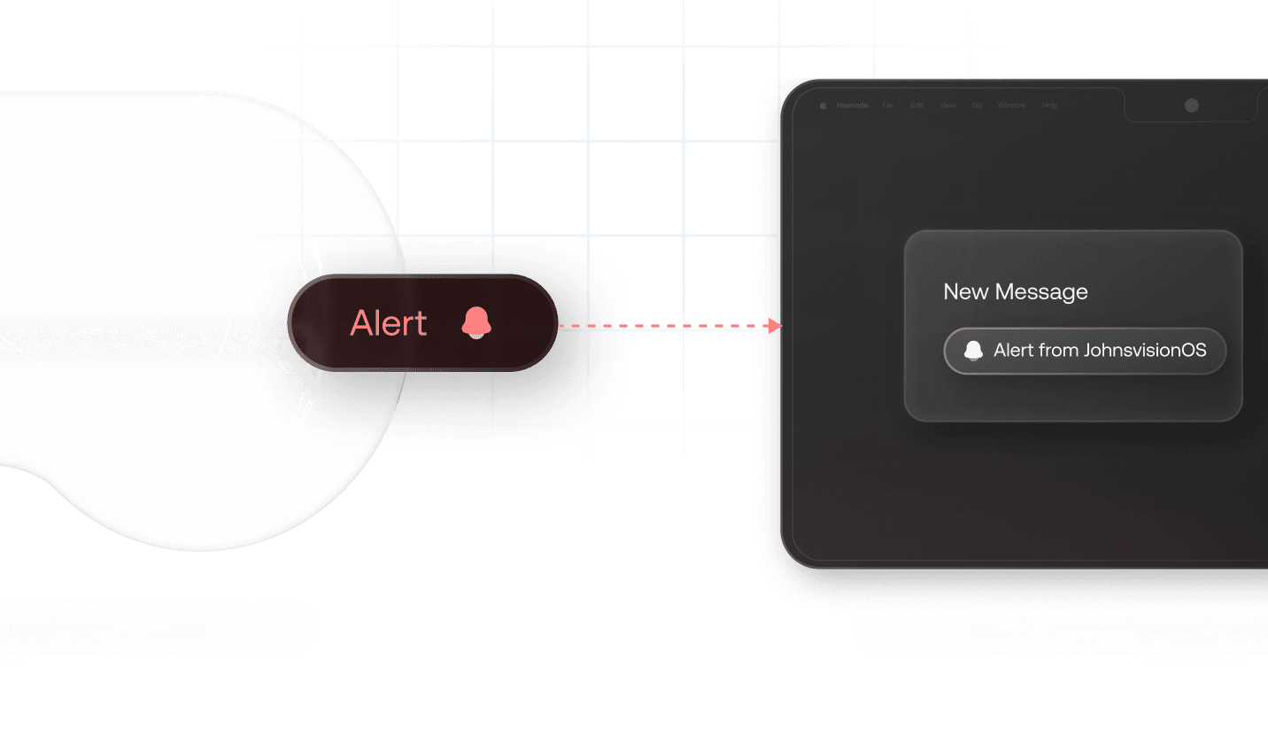 A Vision Pro in the background with a screen overlay showing a red alert connected to a 'New Message' notification to the admin.