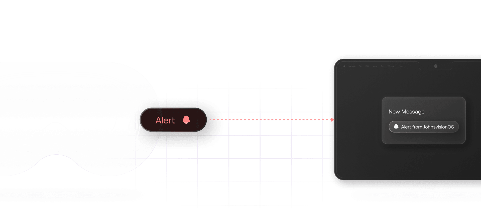 A Vision Pro in the background with a screen overlay showing a red alert connected to a 'New Message' notification to the admin.