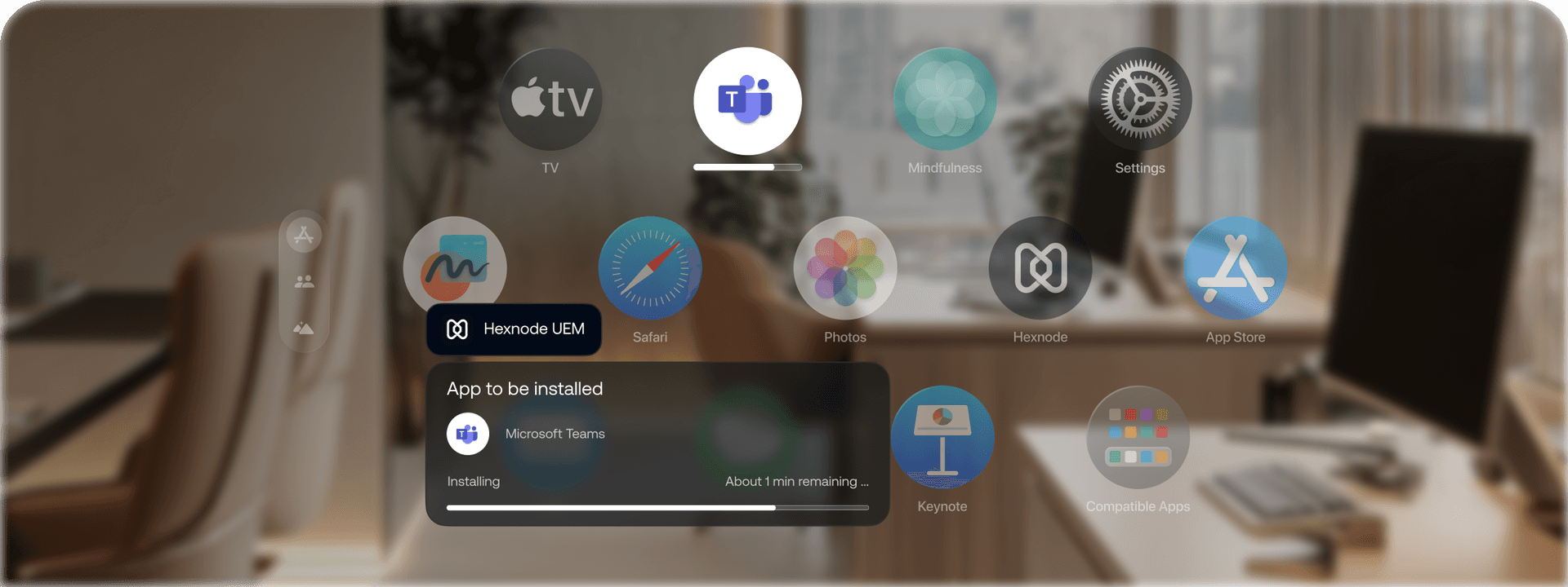 A Vision Pro showing an app grid and a notification for 'Microsoft Teams' installation with a progress bar, overlaid on a blurred office setting.