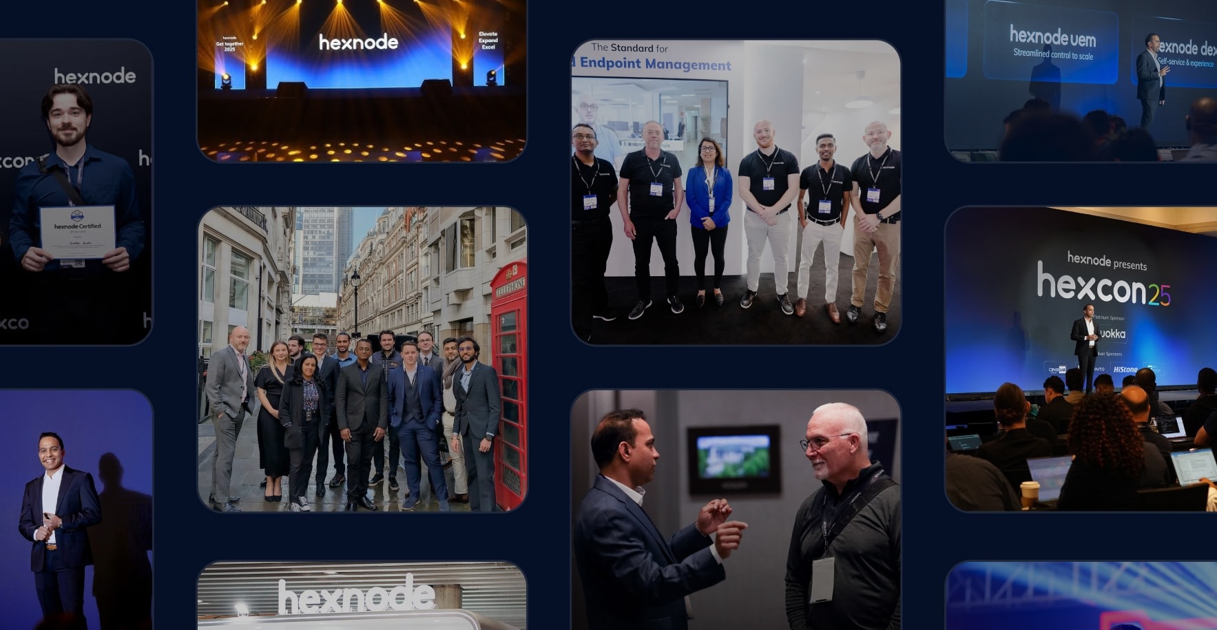 The global Hexnode team at various corporate events, showcasing the unified workforce that manages millions of endpoints and serves 13,000+ customers worldwide.