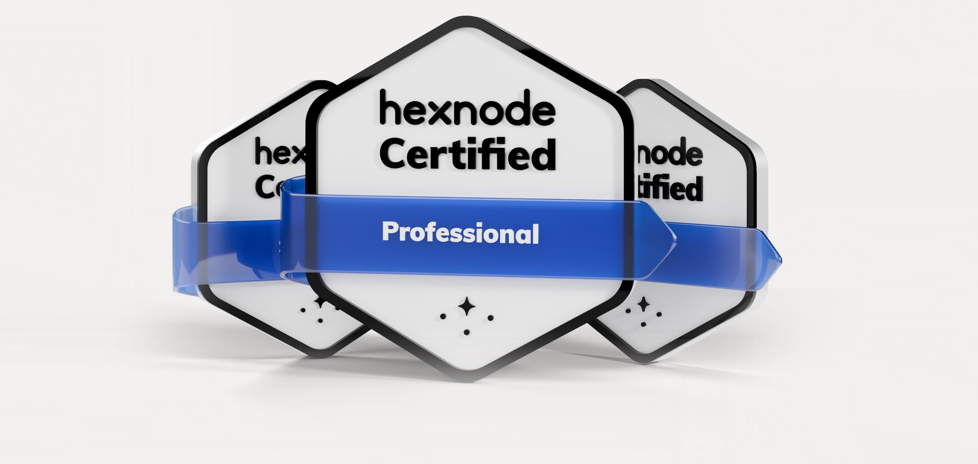 Digital badges for Hexnode Certified Professionals, signifying expertise in mobile device management and security certifications.