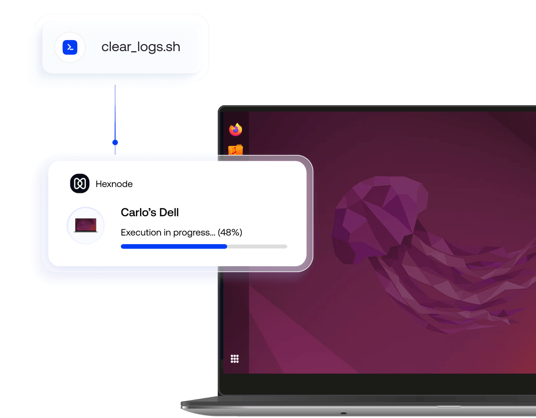 Hexnode running Bash scripts on a Linux endpoint for user management, file cleanup, and system diagnostics.