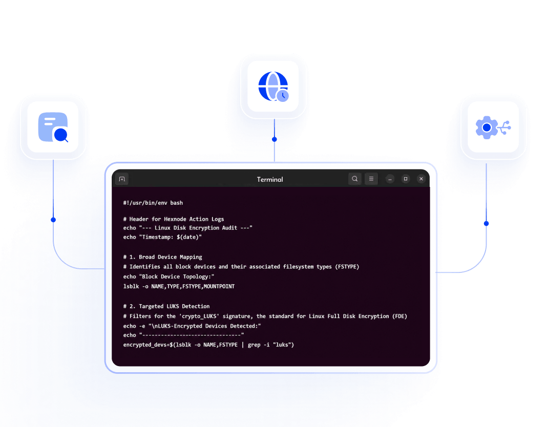 Hexnode executing Android shell scripts and custom scripts on a mobile device for app control and device-level actions.