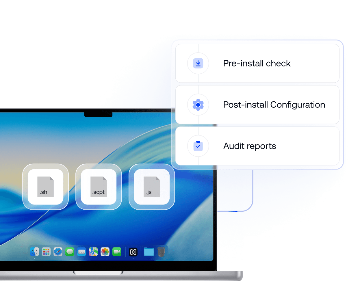 Hexnode running shell, AppleScript, and JavaScript scripts on a macOS device for app setup, configuration, and audit checks.