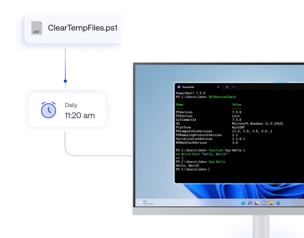 Hexnode UEM executing PowerShell scripts on a Windows device for scheduled automation, app installation, and system checks.
