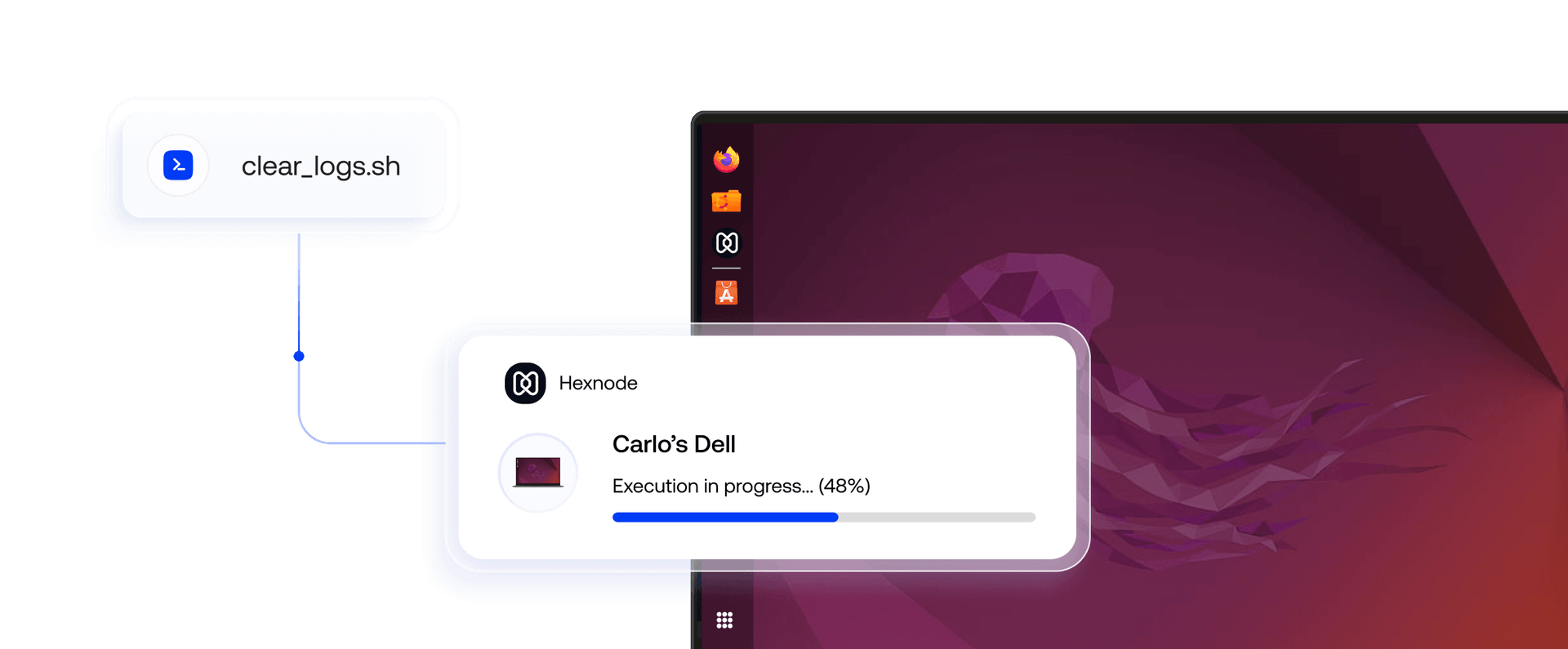 Hexnode running Bash scripts on a Linux endpoint for user management, file cleanup, and system diagnostics.
