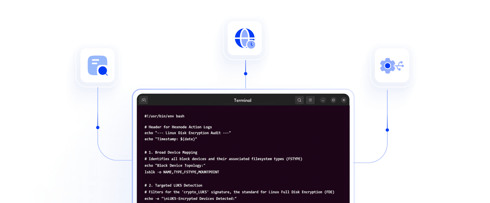 Hexnode executing Android shell scripts and custom scripts on a mobile device for app control and device-level actions.