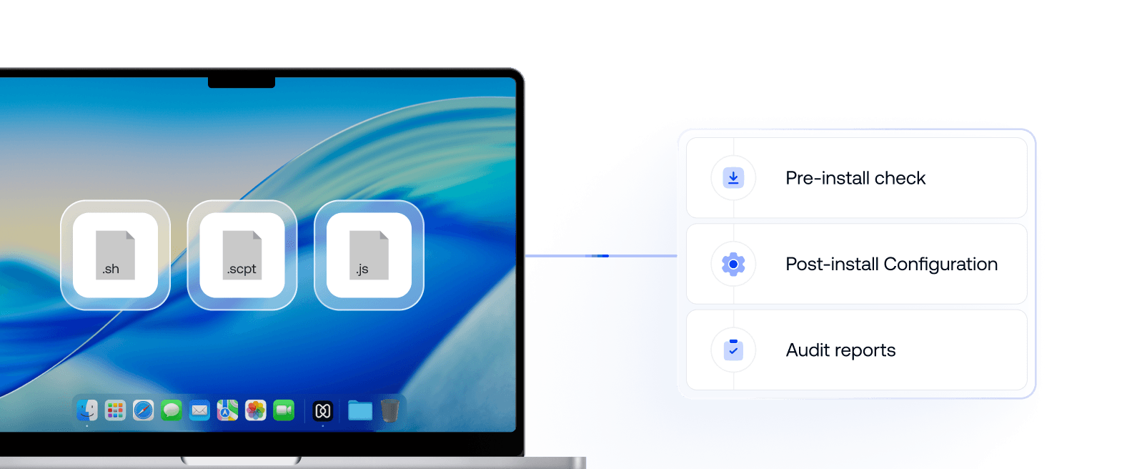 Hexnode running shell, AppleScript, and JavaScript scripts on a macOS device for app setup, configuration, and audit checks.