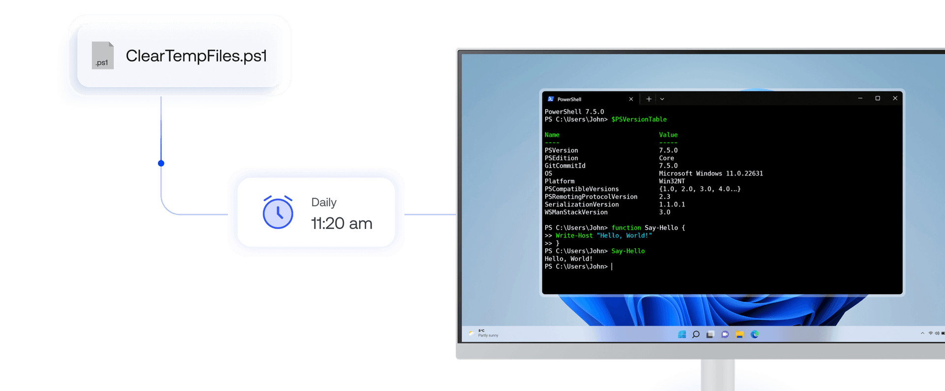 Hexnode UEM executing PowerShell scripts on a Windows device for scheduled automation, app installation, and system checks.