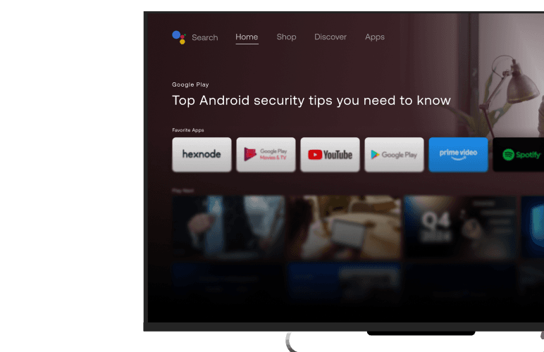 Android TV display managed remotely without manual setup using Hexnode Android MDM for digital screens.