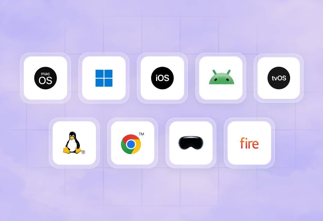 Grid layout displaying platform icons for macOS, Windows, iOS, Android, tvOS, Linux, ChromeOS, visionOS, and FireOS supported by a single cross-platform MDM configuration architecture.