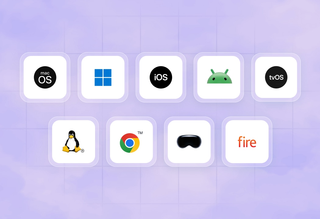 Grid layout displaying platform icons for macOS, Windows, iOS, Android, tvOS, Linux, ChromeOS, visionOS, and FireOS supported by a single cross-platform MDM configuration architecture.