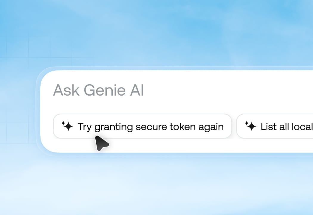 Hexnode Genie AI natural language command bar prompting administrative security suggestions inside a unified endpoint management system dashboard.