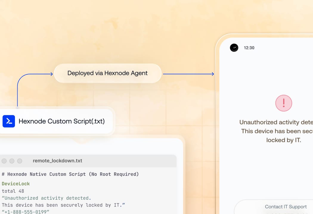 Hexnode remote execution console running a custom lockdown text script next to an Android device showcasing automated remote lockdown workflows.