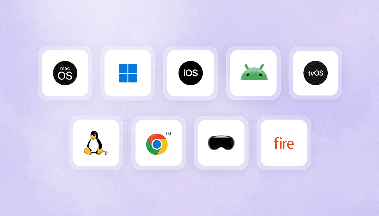 Grid layout displaying platform icons for macOS, Windows, iOS, Android, tvOS, Linux, ChromeOS, visionOS, and FireOS supported by a single cross-platform MDM configuration architecture.
