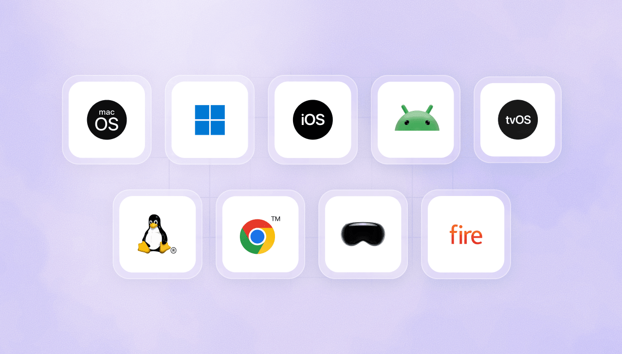 Grid layout displaying platform icons for macOS, Windows, iOS, Android, tvOS, Linux, ChromeOS, visionOS, and FireOS supported by a single cross-platform MDM configuration architecture.