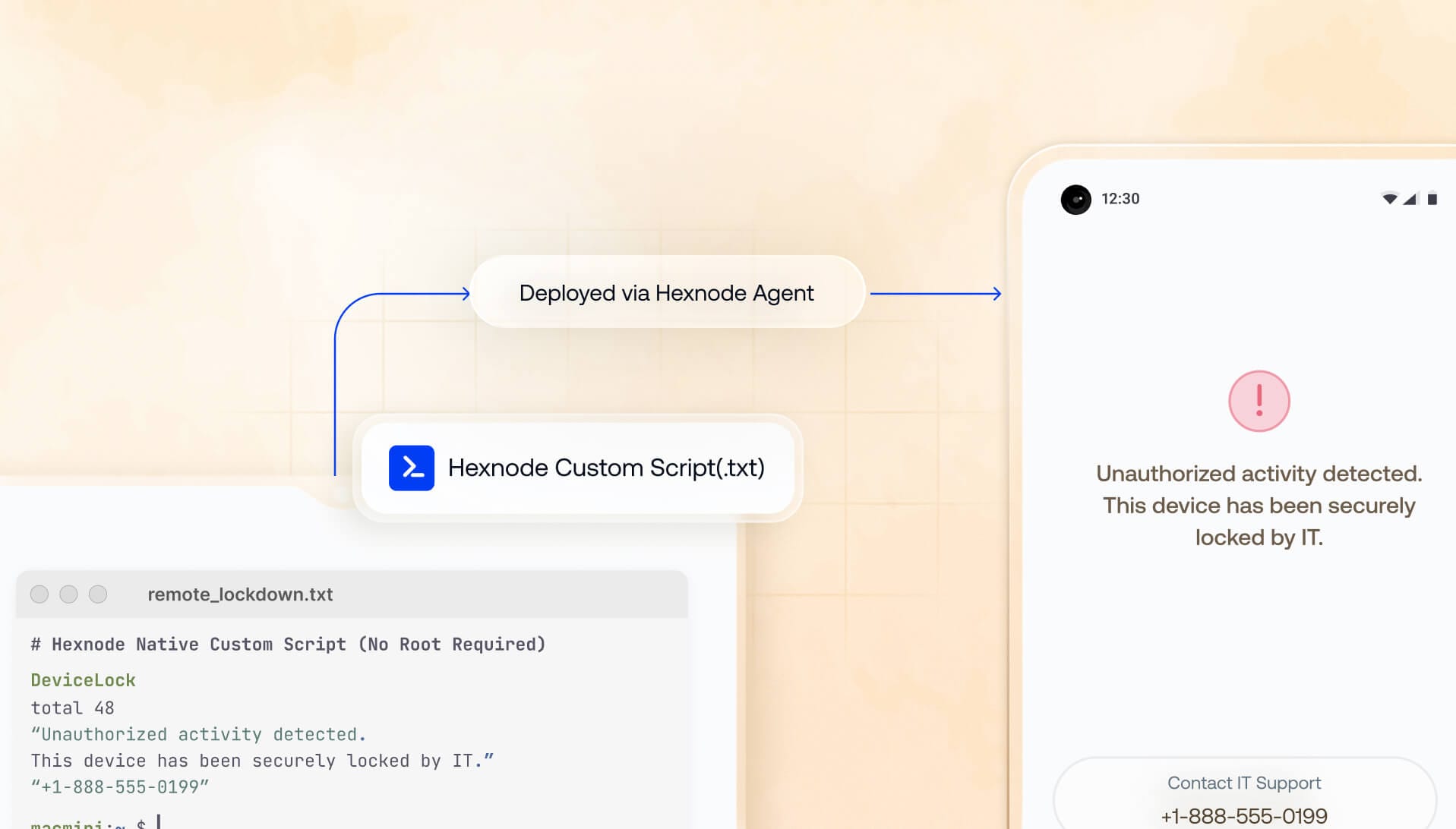 Hexnode remote execution console running a custom lockdown text script next to an Android device showcasing automated remote lockdown workflows.