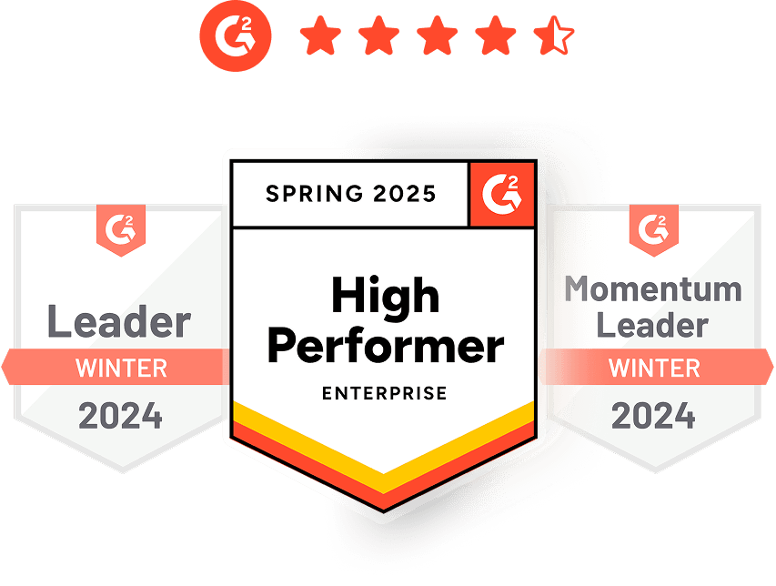 Hexnode global business metrics side by side with official industry review awards including G2 Leader Winter 2024, G2 High Performer Enterprise Spring 2025, and G2 Momentum Leader validating top-rated unified endpoint management software status.