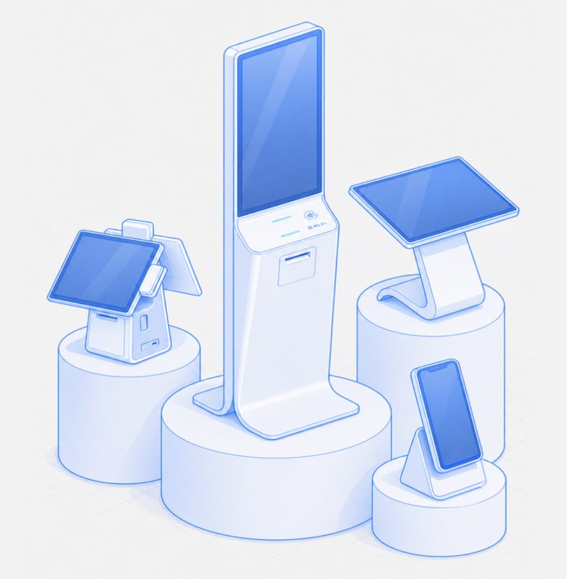 Blue-line isometric illustration of enterprise dedicated devices including a freestanding kiosk enclosure, desktop POS terminal, tablet stand, and docked smartphone running Android kiosk mode software with secure lockdown settings.