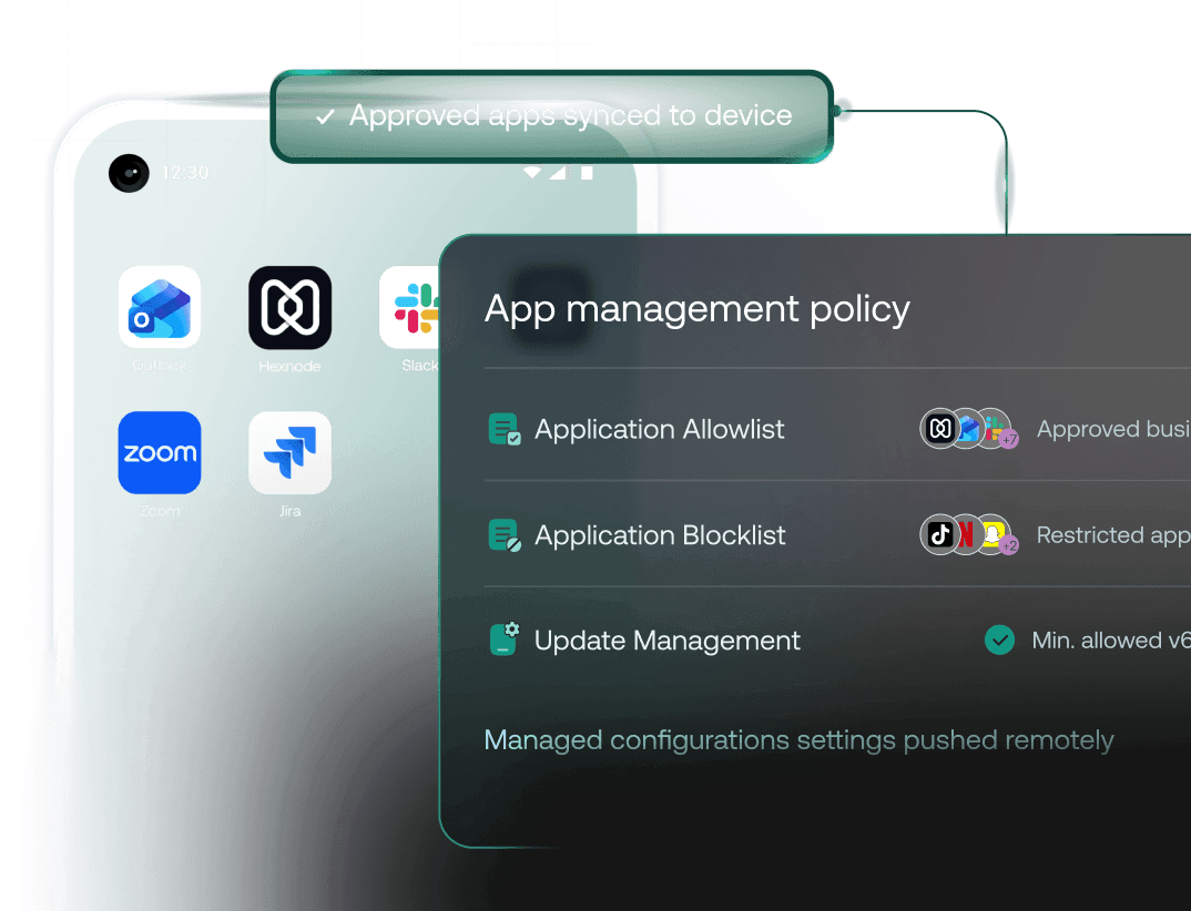 Managed Google Play store integration dashboard on an Android device displaying silent app installation rules, corporate application allowlists, and remote app configuration settings.