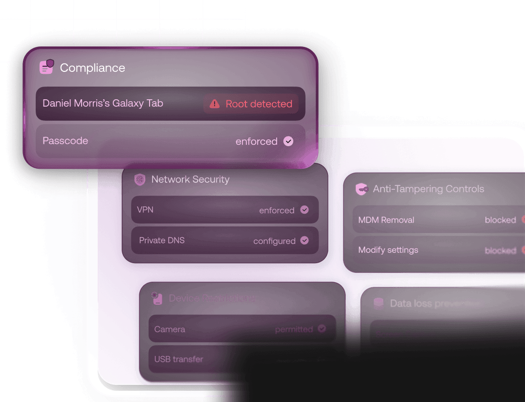 Android endpoint security monitoring panel displaying real-time compliance tracking, corporate network VPN enforcement, data loss prevention (DLP), and automatic device root detection alerts.