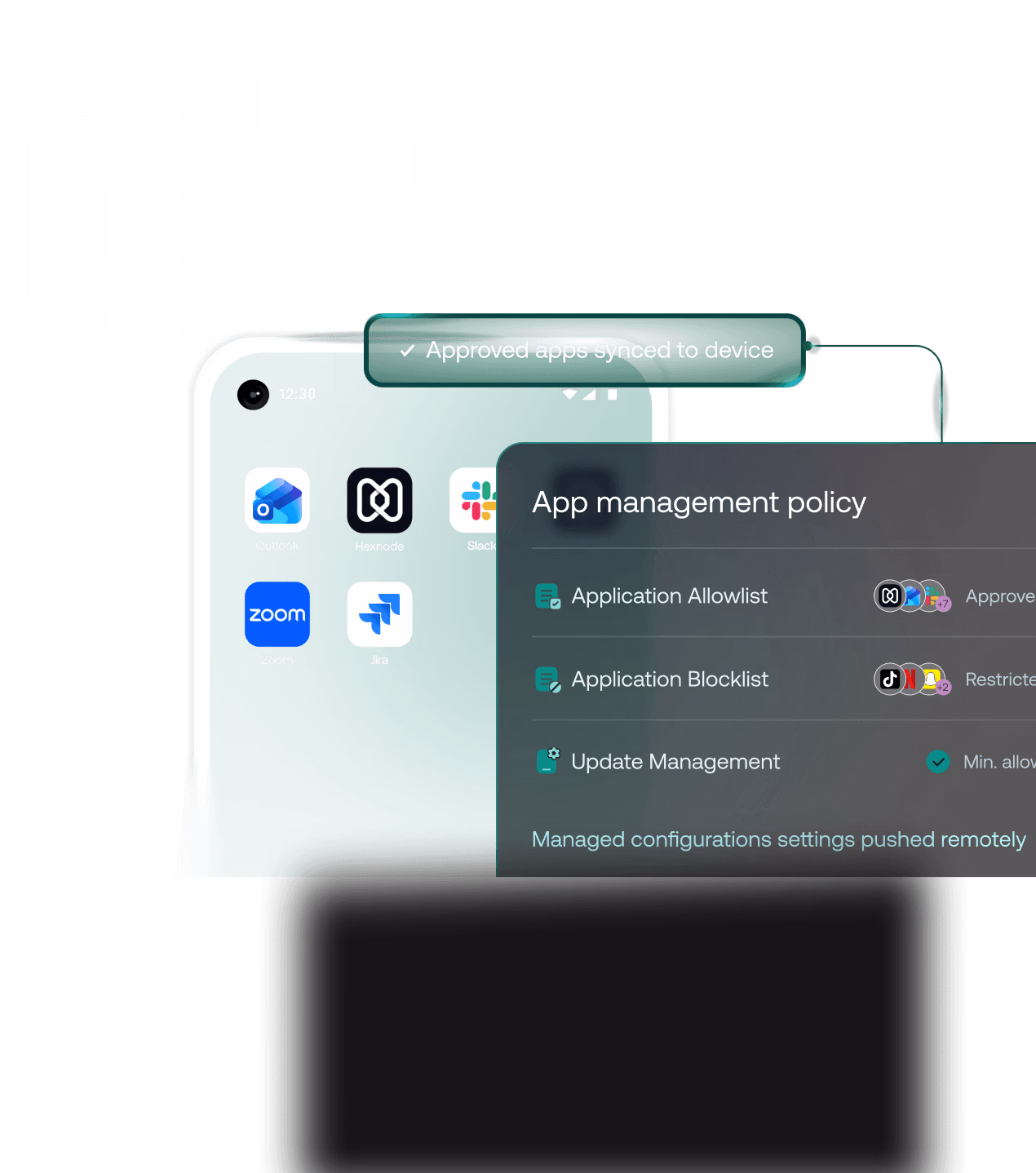 Managed Google Play store integration dashboard on an Android device displaying silent app installation rules, corporate application allowlists, and remote app configuration settings.