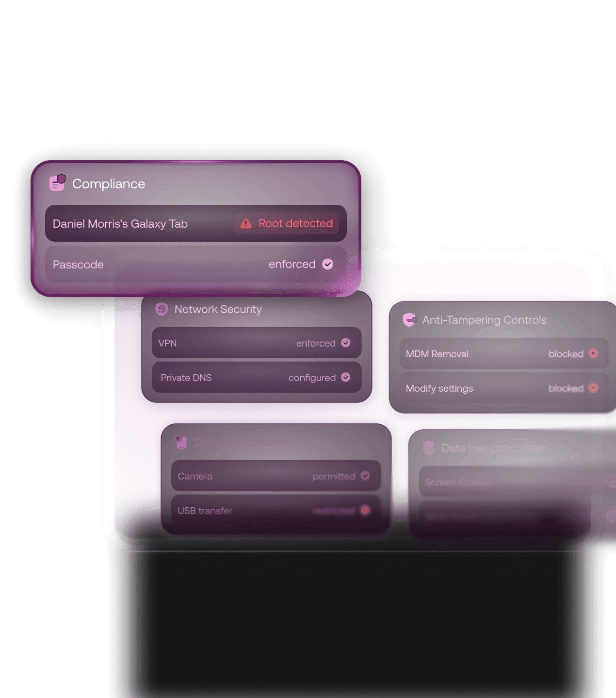 Android endpoint security monitoring panel displaying real-time compliance tracking, corporate network VPN enforcement, data loss prevention (DLP), and automatic device root detection alerts.