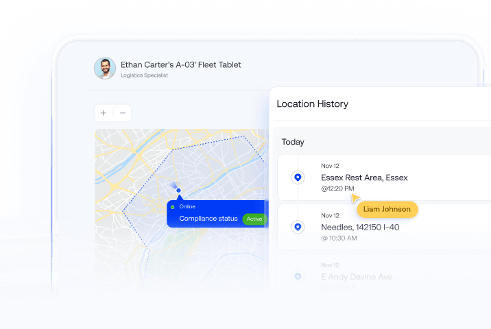 Android device tracking dashboard showing an MDM live location history map, active geofencing parameters, and GPS fleet tracking software.