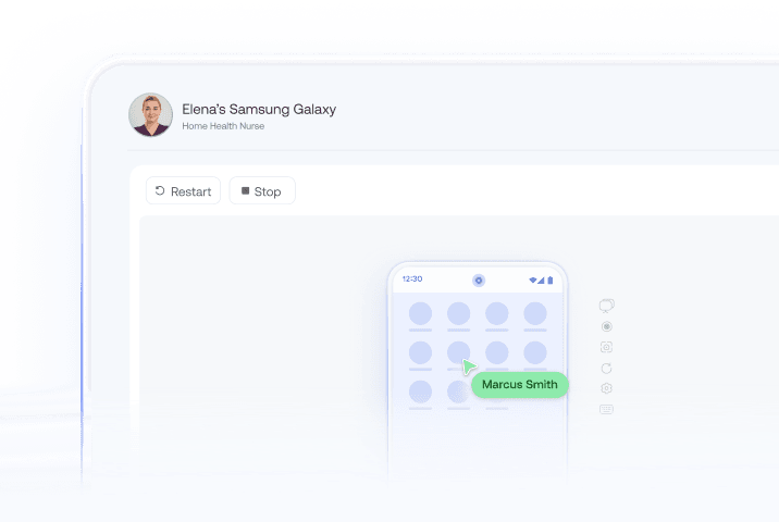 Android remote control MDM dashboard illustrating remote troubleshooting software, real-time screen mirroring, and mobile endpoint support diagnostics.